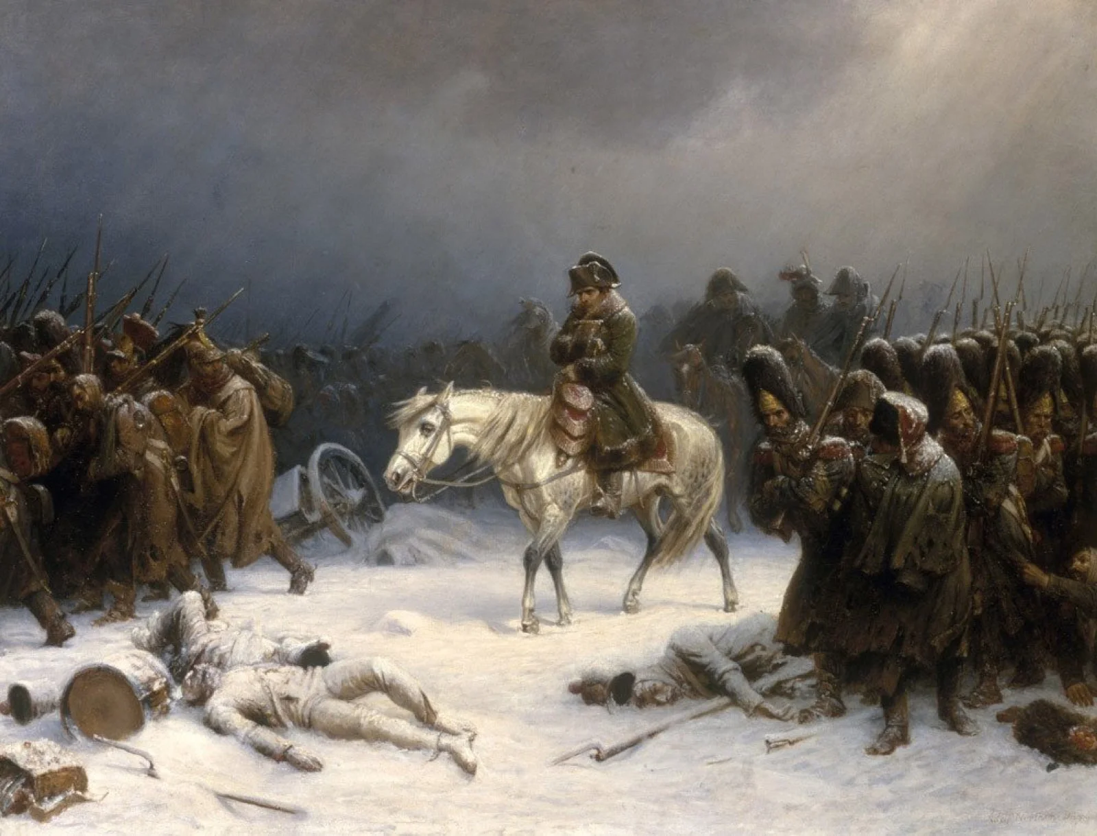 La Grande Armée en déroute traversant les plaines enneigées de Russie lors de la retraite de Moscou, hiver 1812 ; Napoléon et ses soldats épuisés progressent dans la neige.