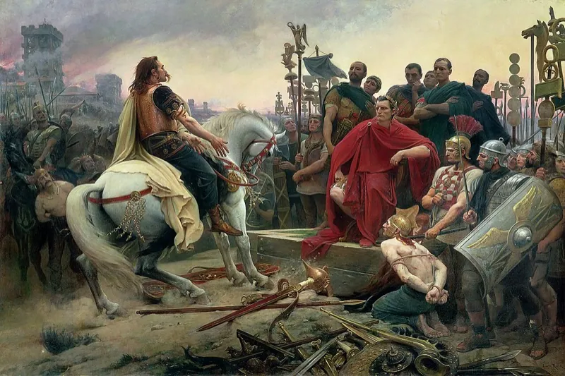 Vercingétorix à cheval jette ses armes devant Jules César.