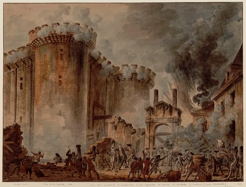 Aquarelle de 1789 : la foule armée donne l’assaut à la forteresse de la Bastille.