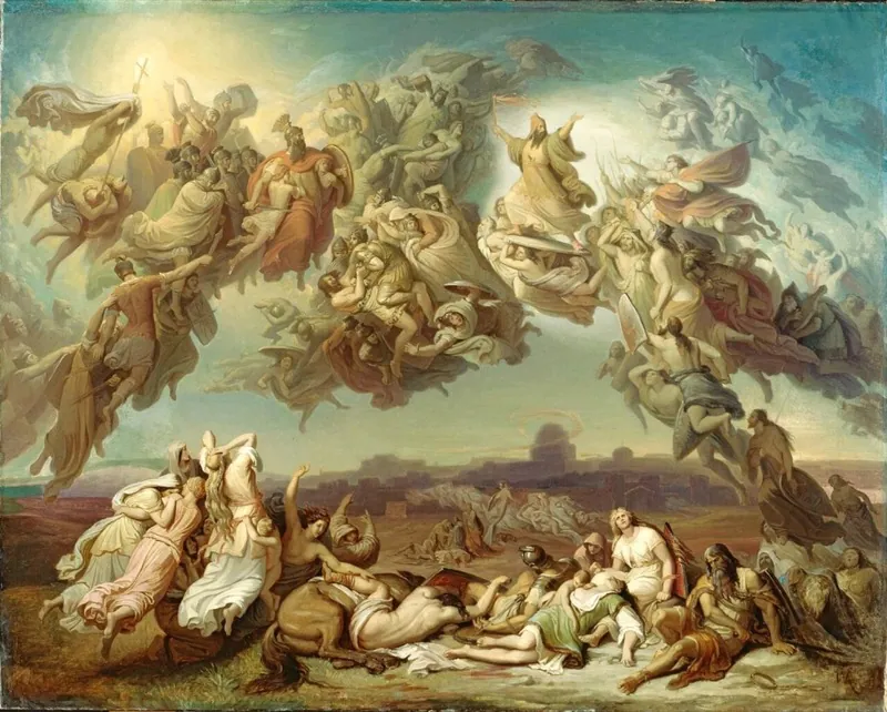 Peinture de Kaulbach : Huns et Romains au combat, fantômes luttant dans le ciel.