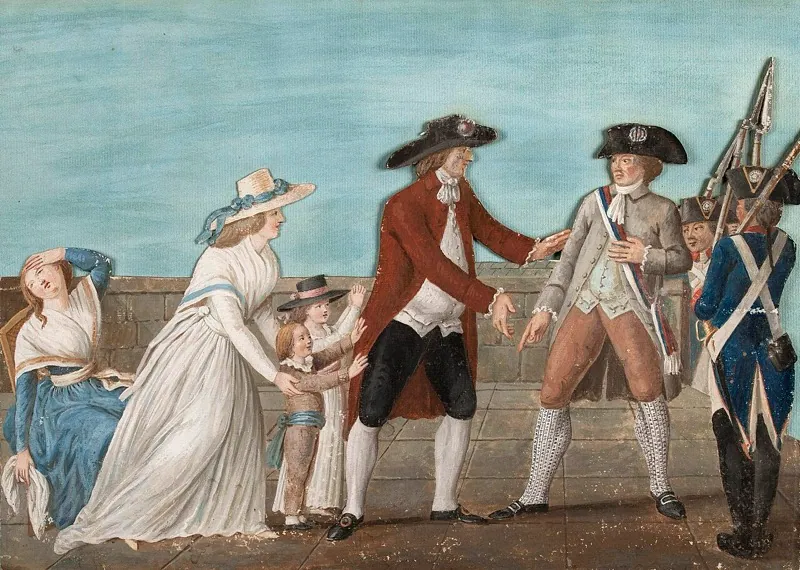 Gouache de 1791 : l’arrestation de Louis XVI et de sa famille à Varennes.