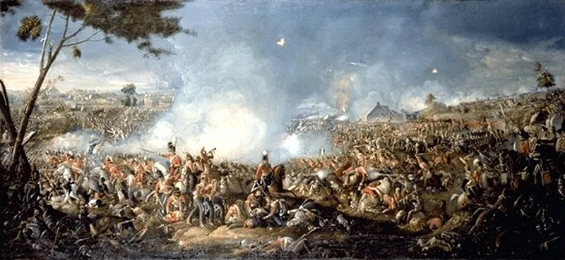Mêlée de cavalerie et de fantassins sous la fumée, à la bataille de Waterloo.