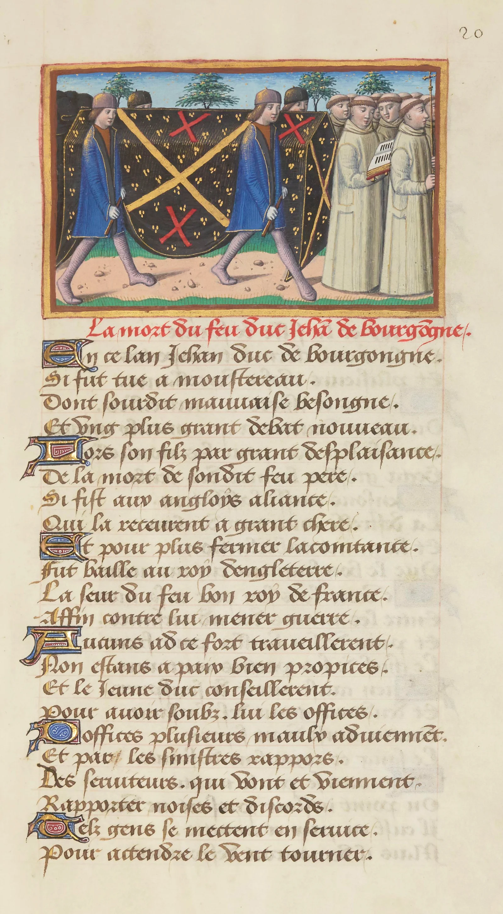Enluminure des funérailles de Jean sans Peur : un cortège funèbre porte le cercueil drapé aux armes de Bourgogne, suivi de moines en robes claires.