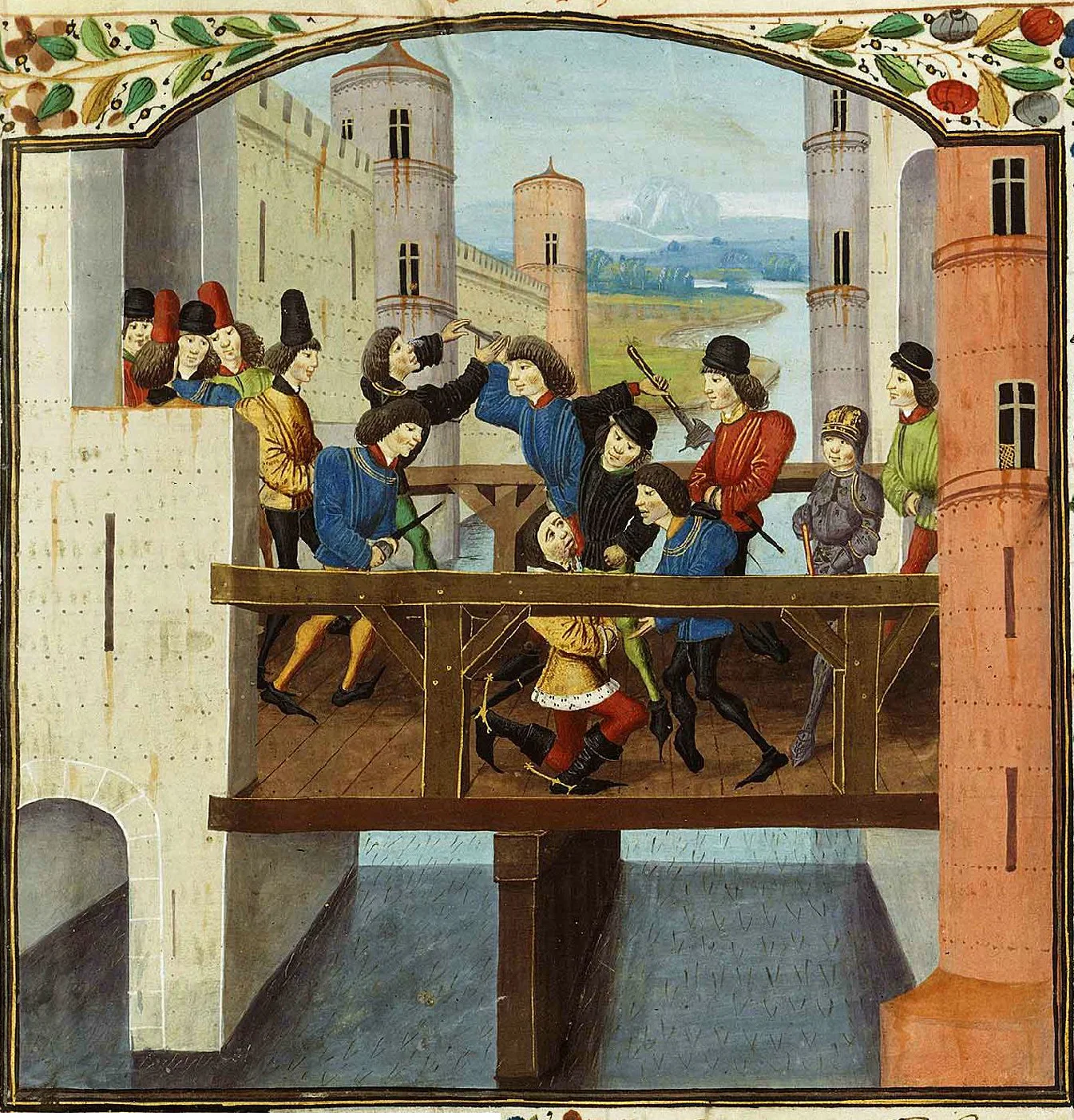 Enluminure médiévale : l’assassinat du duc Jean sans Peur sur le pont de Montereau, frappé par des hommes en armes devant le dauphin.