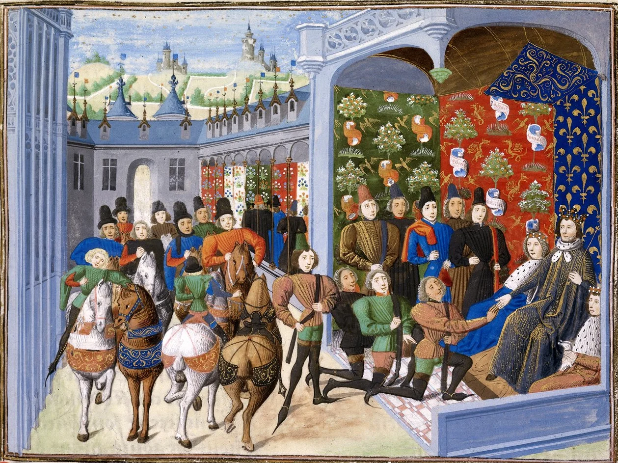 Enluminure liée au traité de Troyes : Isabeau de Bavière et Charles VI, assis sous un dais, reçoivent une délégation dans une cour gothique.