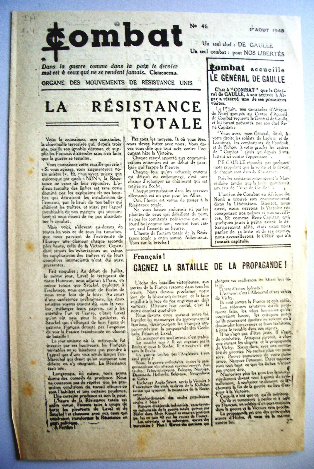Une du journal clandestin Combat n° 46, organe des Mouvements de Résistance Unis, 1er août 1943